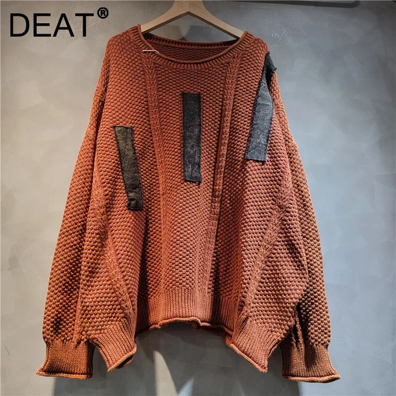 Autumn Winter Sweater Trendy Large Size Loose Casual Patchwork Splicing Top For Women Versatile Pullover 11A07533