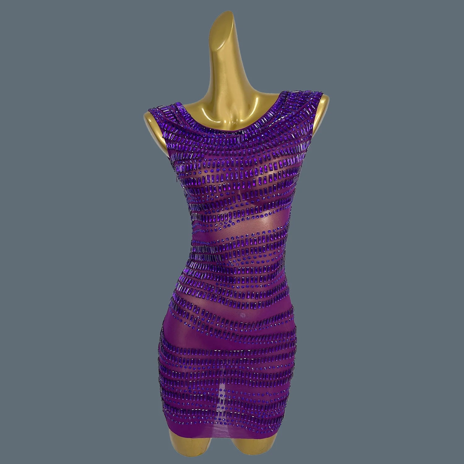 Women Sparkly Crystals Short Dress Sexy Mesh See Through Birthday Party Event Dress Show Stage Wear Performance Costume Yizijian PURPLE