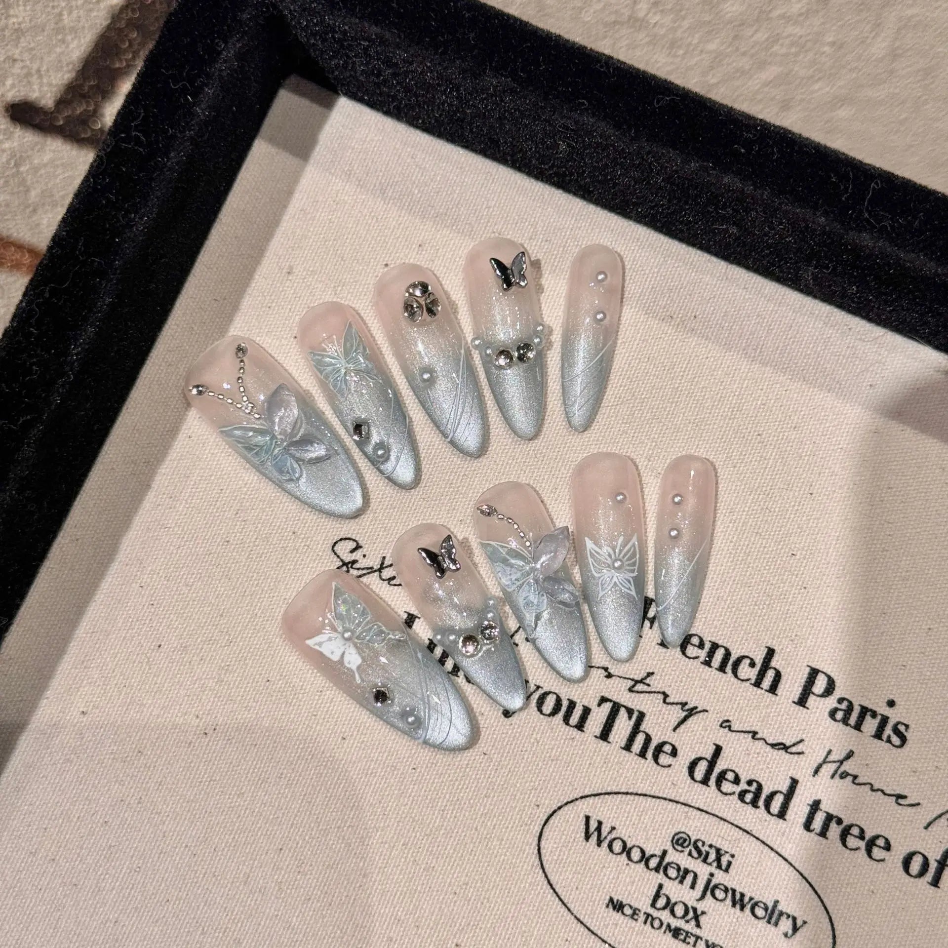 10Pcs Long Stiletto Cat Eye Handmade Gel Nails Press Ons Sweet Cool Leopard Print False Nail Shiny Diamond French Fake Nail Tips