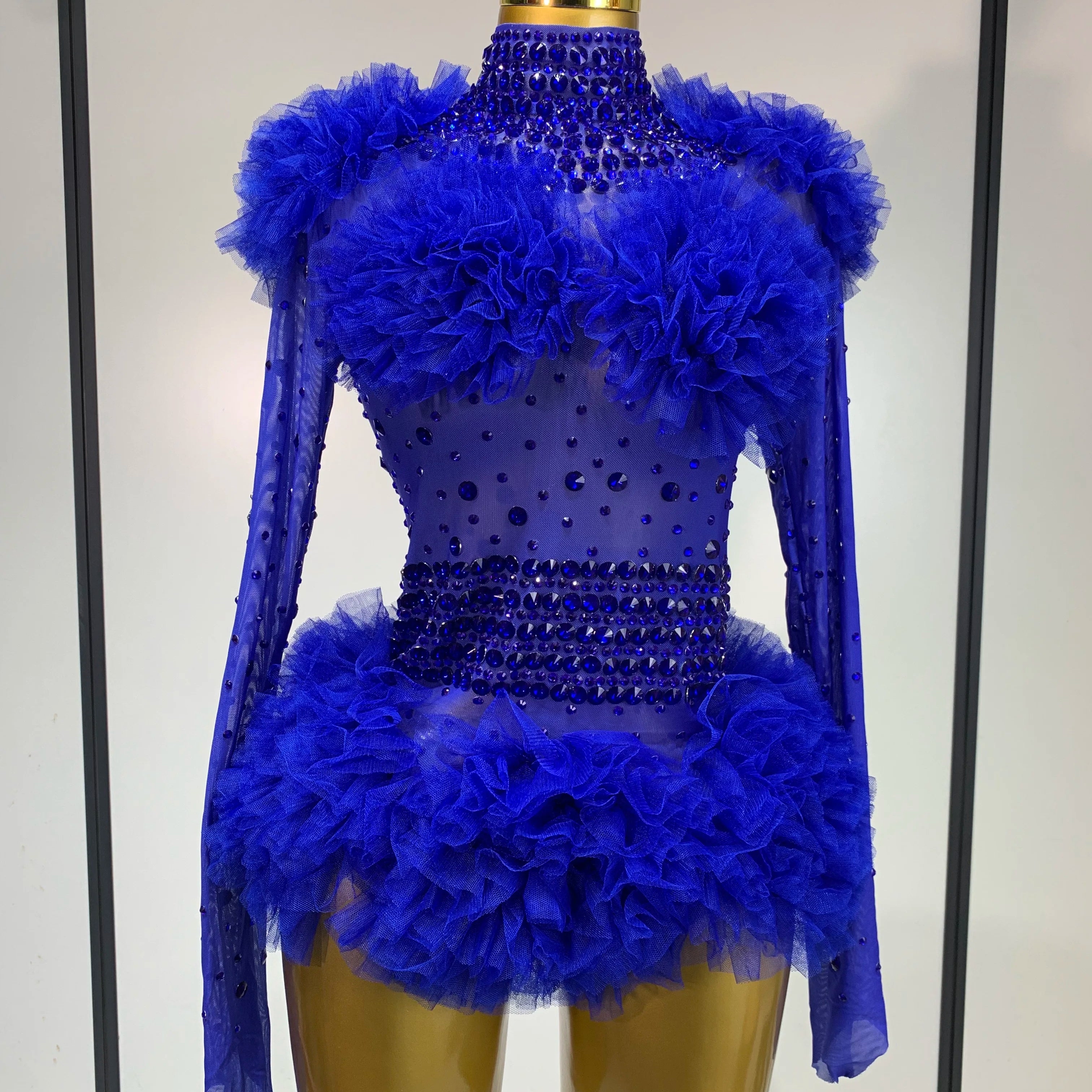 Sexy See Through Luxury Rhinestone Bodysuit Women Sexy Bodycon Mesh Ruffles Performance Dance Singer Nightclub Stage Outfit Blue