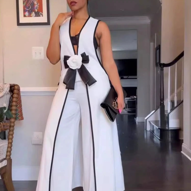 Women Set 3D Flower Sleeveless V-neck X-long Shirt Coats + Wide Leg Pants Two 2 Piece Sets Fashion Outfits 2024 Summer