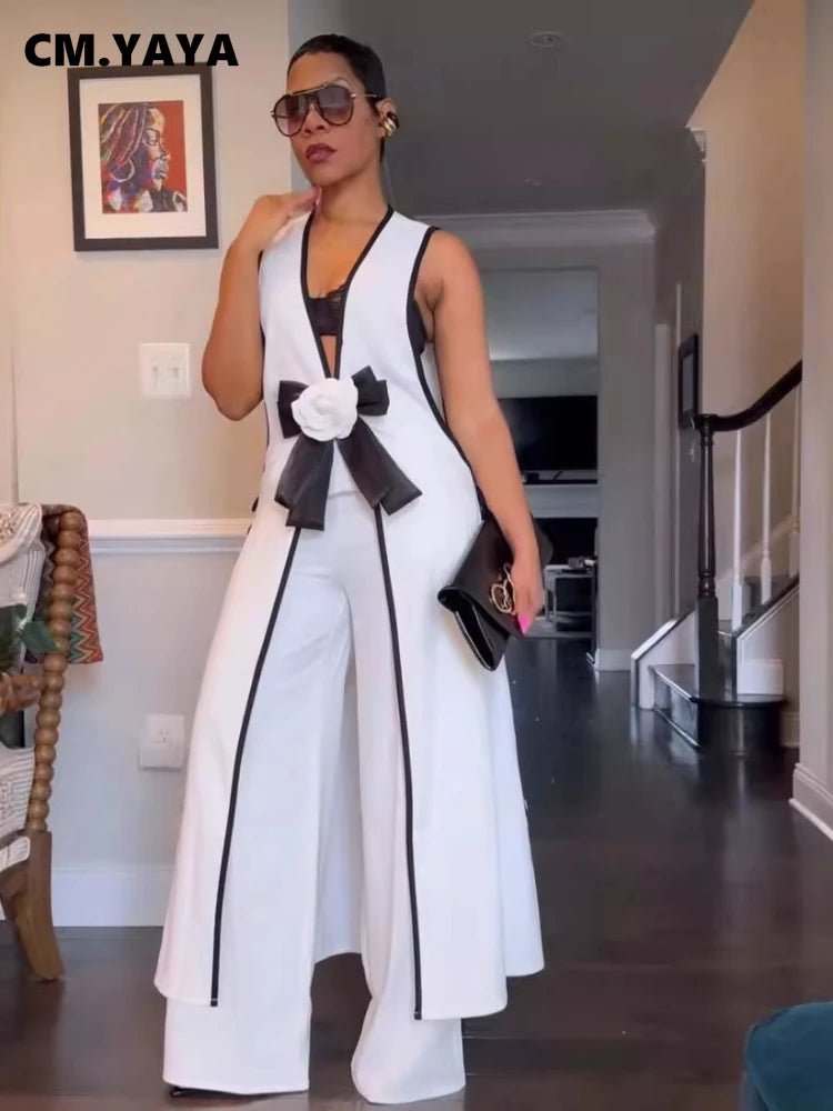 Women Set 3D Flower Sleeveless V-neck X-long Shirt Coats + Wide Leg Pants Two 2 Piece Sets Fashion Outfits 2024 Summer