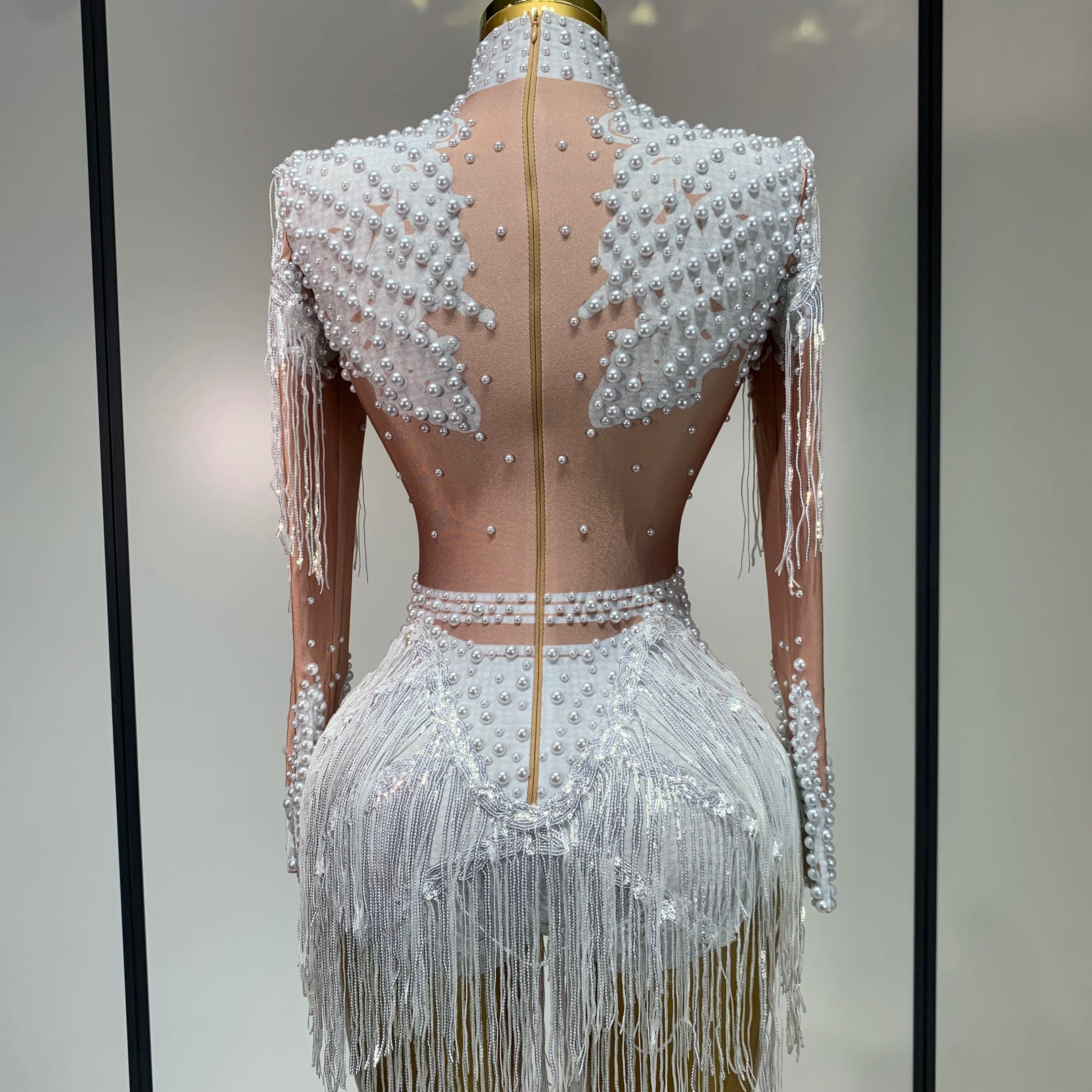 Women Long Sleeve Sexy Stretch Bodycon Shinning Tassels Rhinestones Bodysuit Celebrate Birthday Club Evening Party Stage Outfit