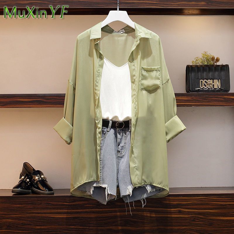 Women's Summer Matching Set 2024 New Fashion Chiffon Sunscreen Shirt+Tank Top+Denim Shorts 3 Piece Korean Elegant Jeans Suit