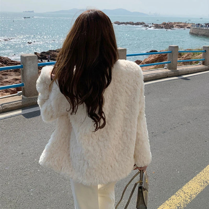 Winter Women Jacket Lamb Wool Korean Style Streetwear O-Neck Faux Fur Coat Woman Warm Thick Furry Fluffy Coat