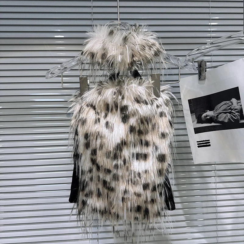 Winter New Fashion Leopard Print Contrast Color Fur Patchwork Backless Camisole For Women Halter Neck Vest 11A07607