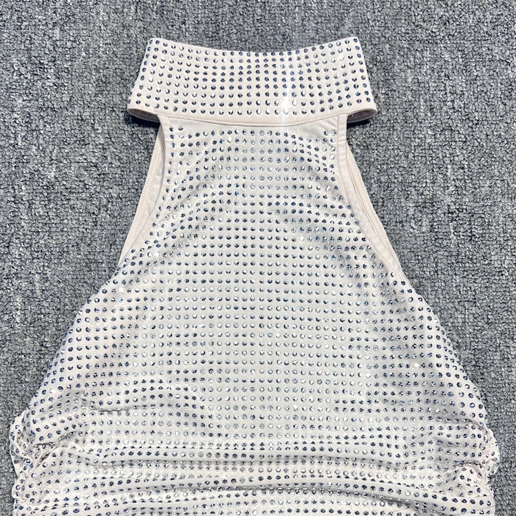 Halter Neck Backless Diamonds Long Dress For Women Sleeveless Folds Slim Formal Elegant Celebrity Cocktail Party Gown Vestido