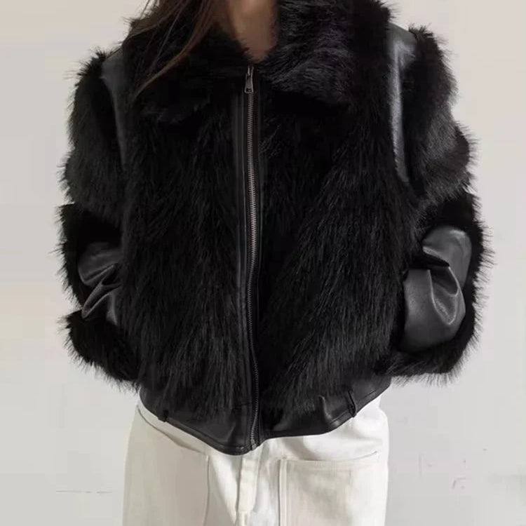 Autumn Winter Cool Short Black Soft Thickened Warm Hairy Shaggy Patchwork Faux Fox Fur Coat Women Fluffy Jacket 2023