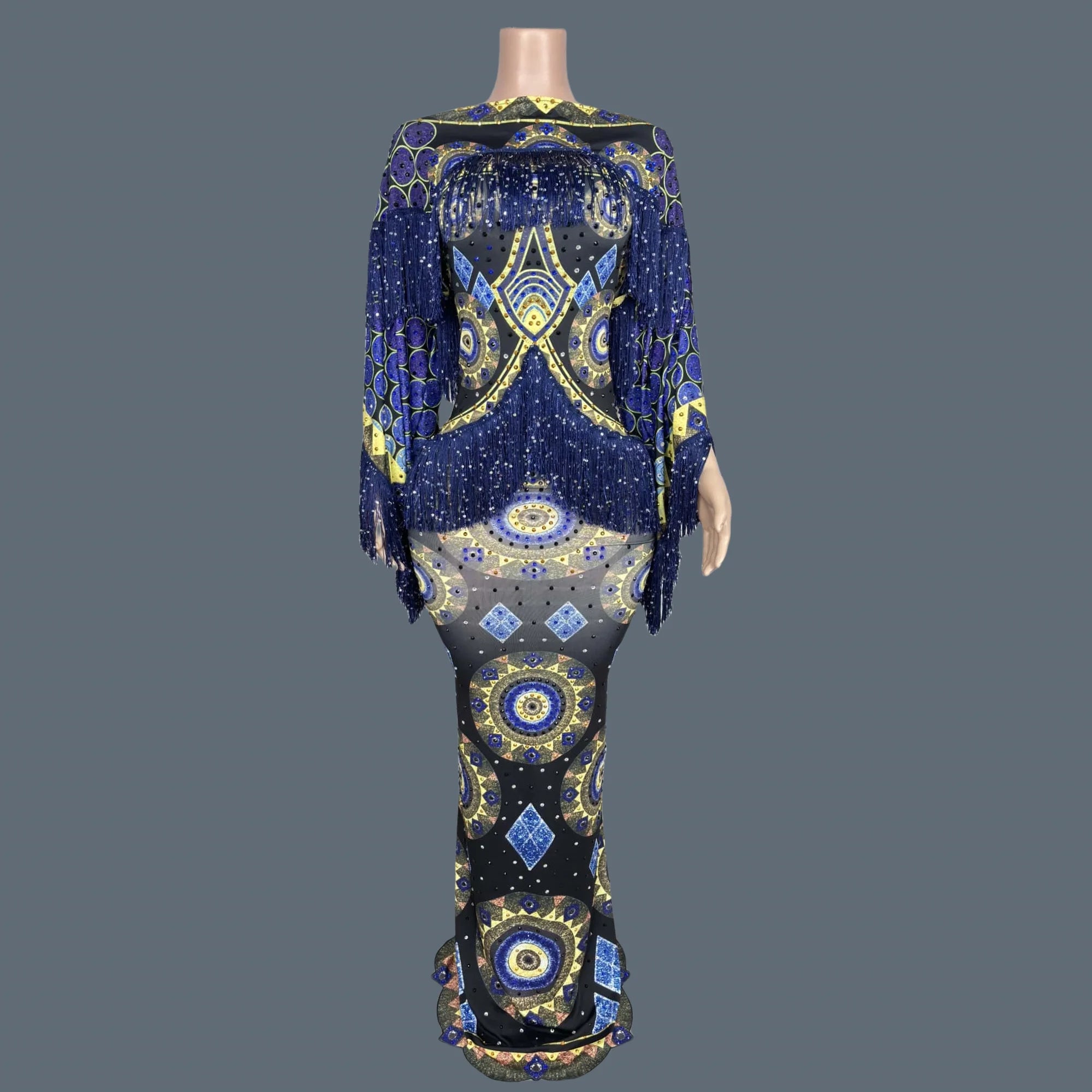 Spandex Bodycon Evening Gown Printing Tassel Long Dress Birthday Celebrate Party Queen Outfit Festival Event Couture Chengbao Long Sleeved