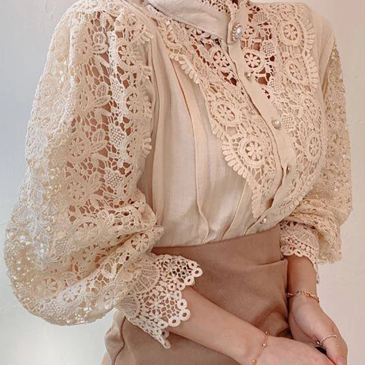 Women Chiffon Button Turtleneck Shirt Chic Elegant Floral Lace Fluffy Long Sleeve Top Fashion Hollow Oversize White Blouse 2024