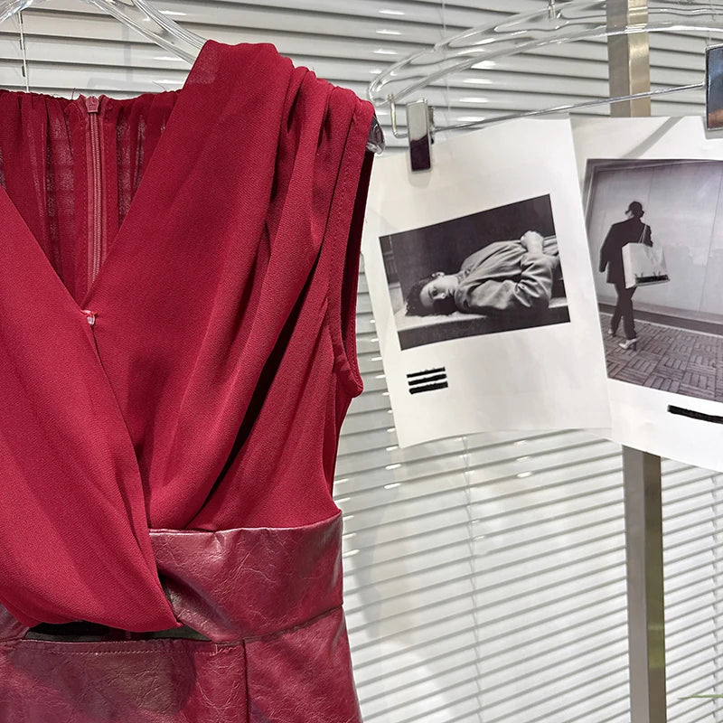 Winter New Fashion V-neck Twist Spliced PU Leather Design Vest Dresses For Women Evening Party Slim Fit Dress 11A07738