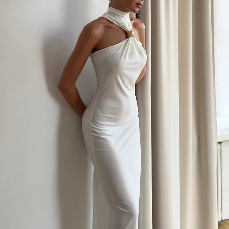 Mozision Turtleneck Off-shoulder Sexy Knit Maxi Dress For Women Gown Metal Buckle Strapless Sleeveless High Waist Knitted Dress WHITE