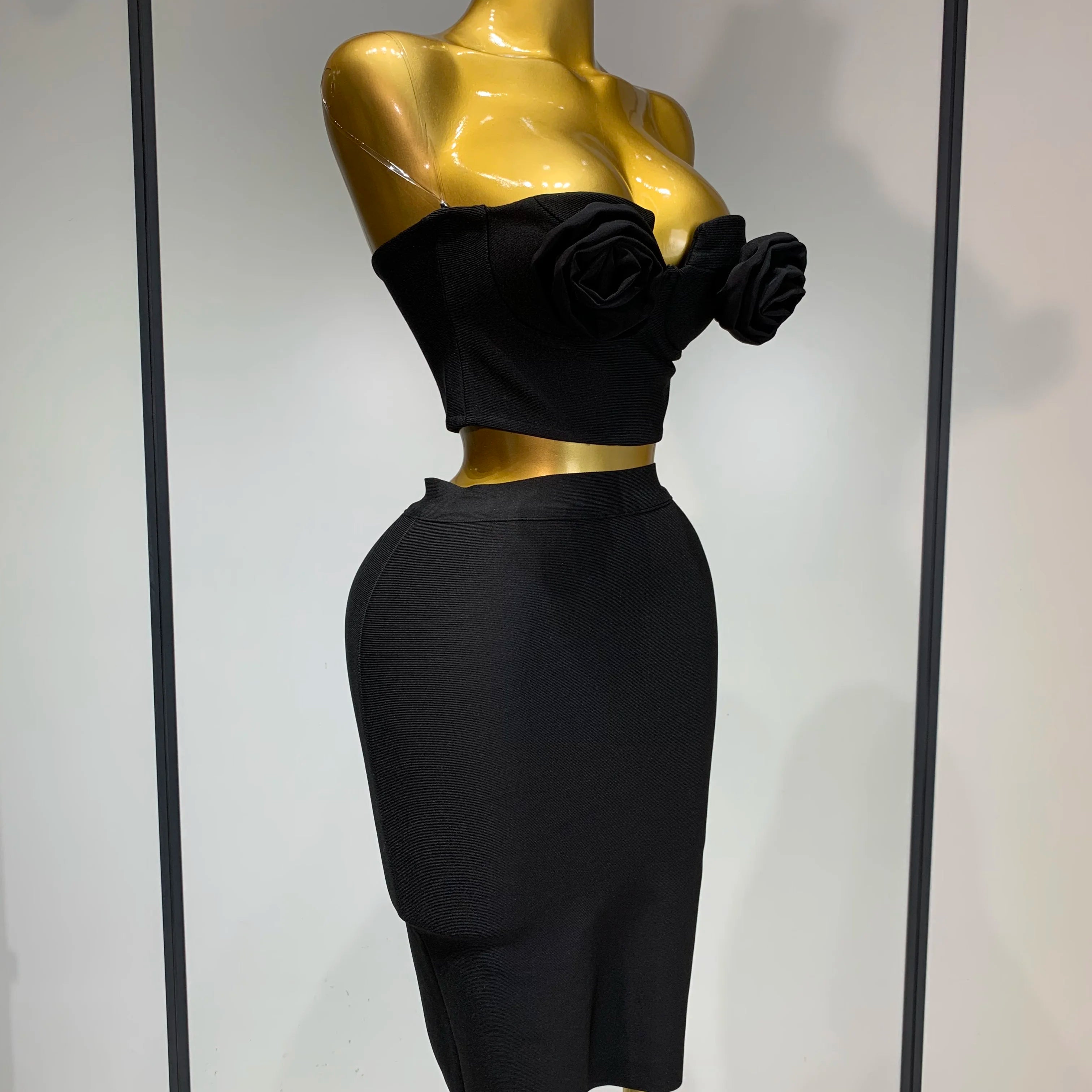 2025 Women 3D Flower Black Bodycon Bandage Two Piece Set Designer High Waist Evening Party Club Birthday Skirt Set