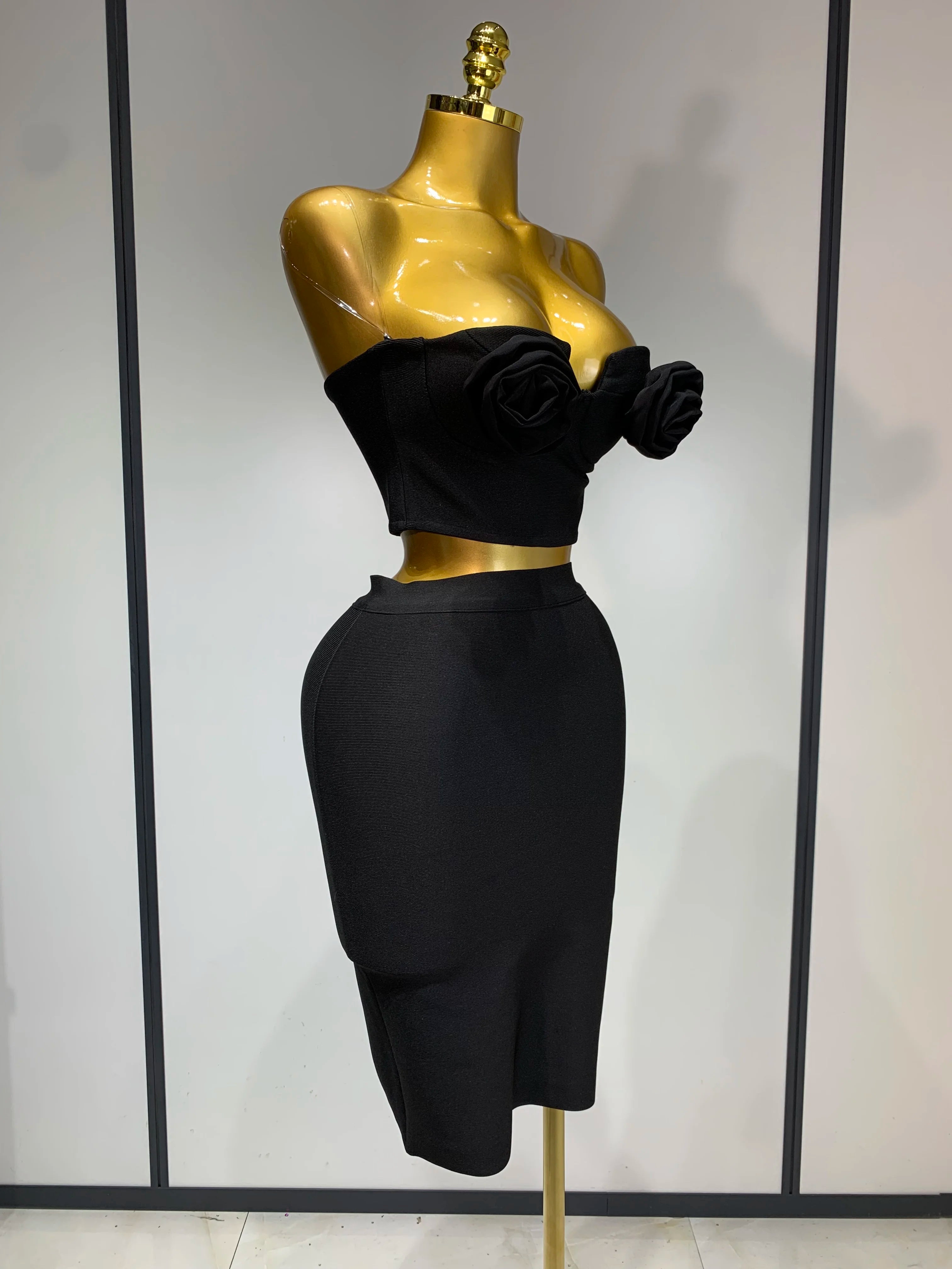 2025 Women 3D Flower Black Bodycon Bandage Two Piece Set Designer High Waist Evening Party Club Birthday Skirt Set
