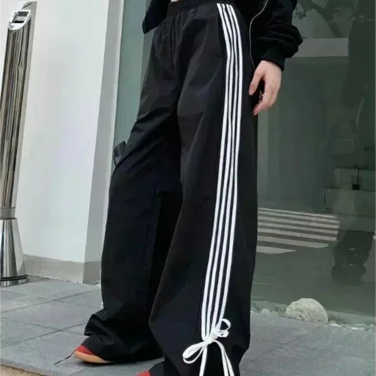 HOUZHOU Black Stripe Women's Sport Sweatpants Wide Oversized Harajuku Casual Joggers Parachute Pants Spring Korean Fashion 2024 Black