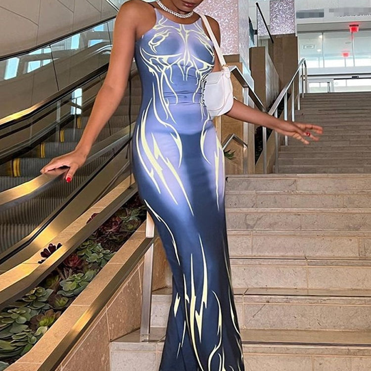 Women Spaghetti Strap Maxi Dress Sexy Office Lady Printed Y2K Clothes Skinny Hip Hop Sleeveless Party Vestidos Ropa Mujer Blue