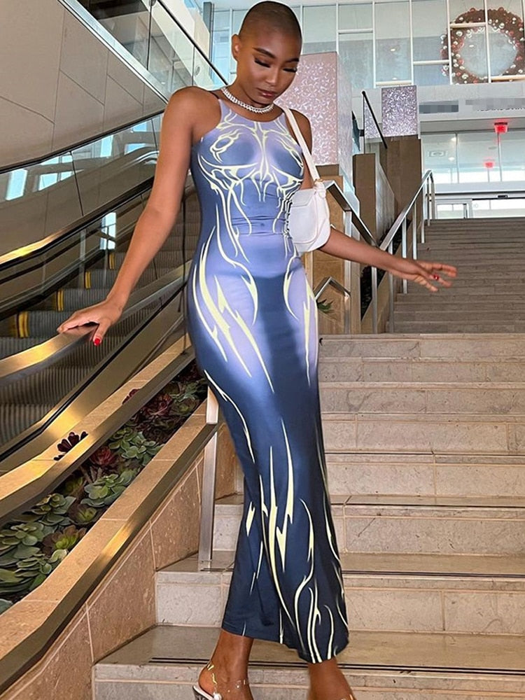 Women Spaghetti Strap Maxi Dress Sexy Office Lady Printed Y2K Clothes Skinny Hip Hop Sleeveless Party Vestidos Ropa Mujer Blue