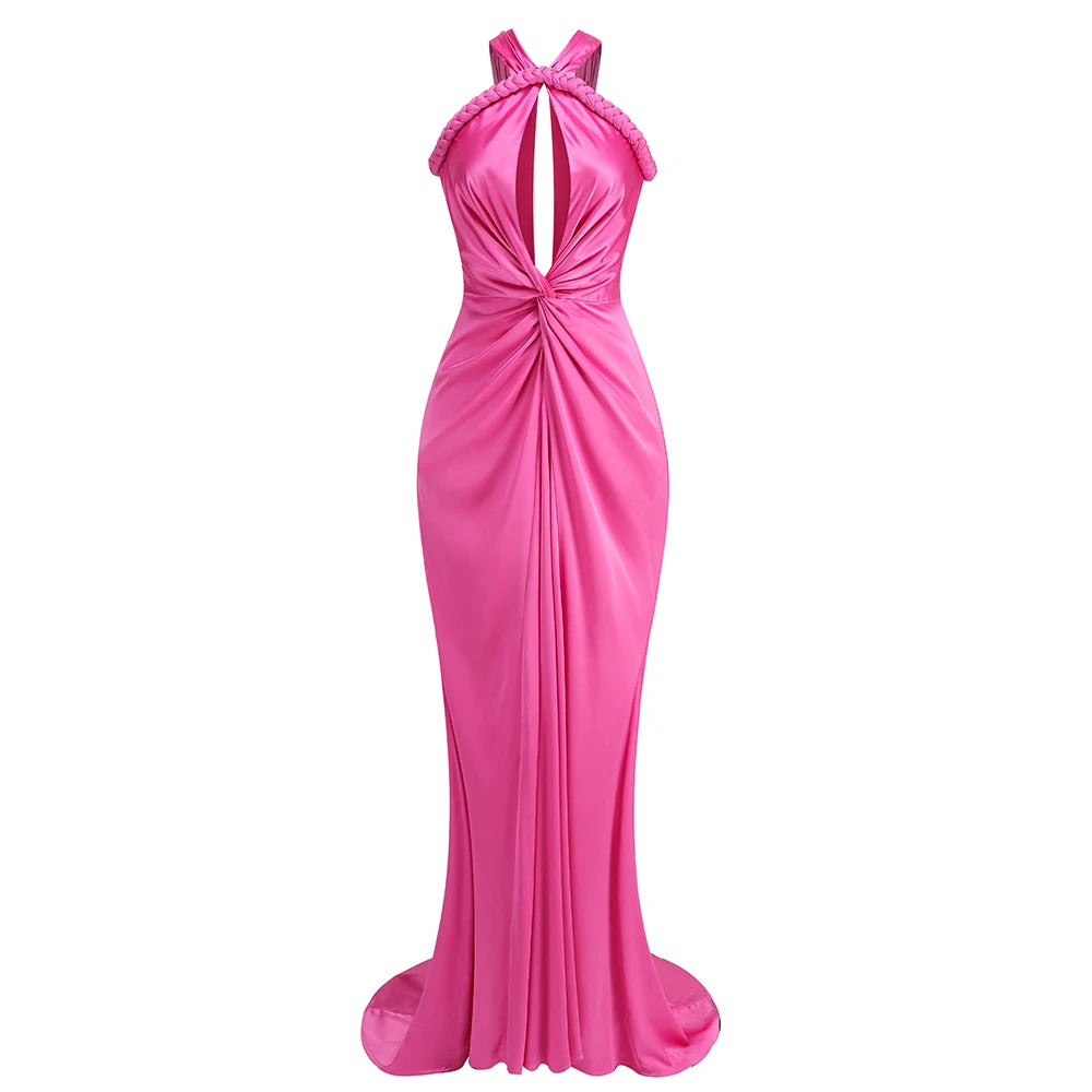 Rosered Red Color Women Sexy Off the Shoulder Halter Backless Long Mermaid Dress Elegant Evening Party Celebrate Wedding Dress Rose Red