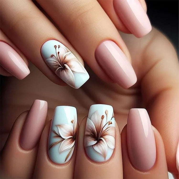 24pcs/set Meduim long fake nails for women peach flowers heart for Spring summer Square faux ongles press on false nail art tips 1909