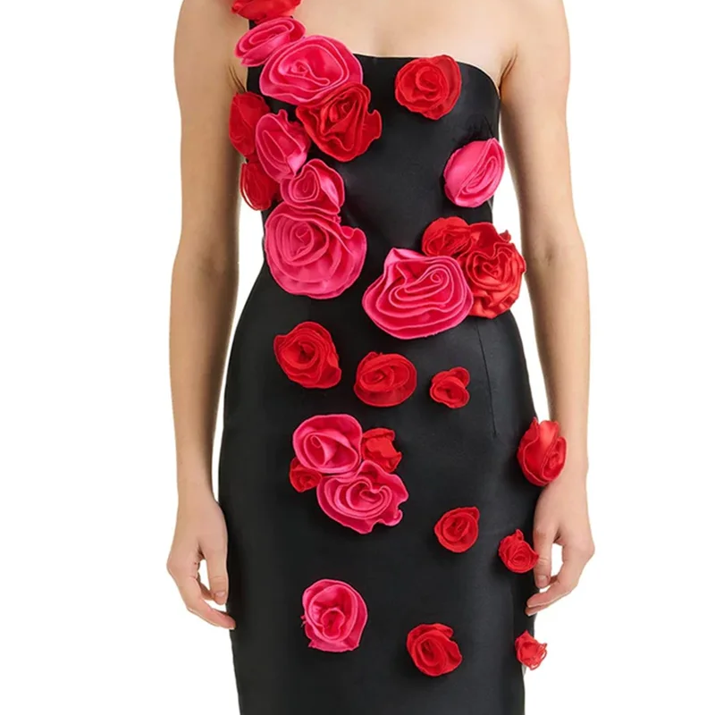 Red Flowers Strapless Black Bandage Ankle Length Dress Elegant Woman Evening Party Dress Cocktail Party Vestido
