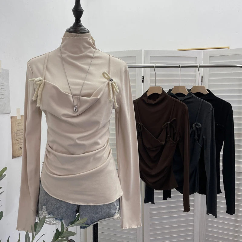 DEAT 2026 Spring New Lace-up Camisole Fake Two-piece Long Sleeve T-shirt For Women Fleece Inner Layer Base Shirt Top 11A07917