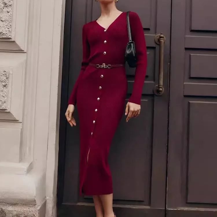 Elegant Long Sleeve Sweater Dress for Women Fashion Single Breasted Knit Maxi Dress Autumn Winter Slit Evening Party Dress 2024