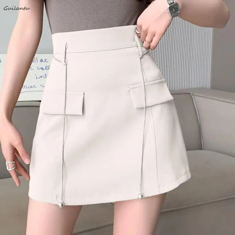 Summer Women High Waist Office Mini Skirt Elegant Casual Black White A-line Short Skirts Korean Style Y2k Streetwear Cargo Skirt WHITE