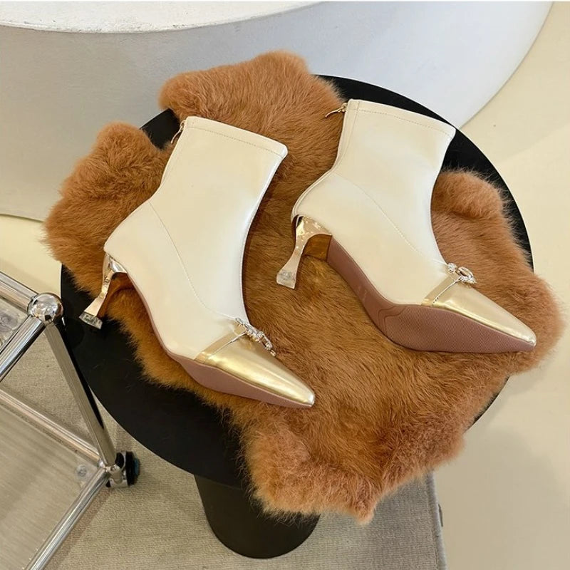 Women's Metal Chain Thin High Heel Pointed Toe Autumn Ankle Boots Metal Belt Rivet Deocration Elegant Ladies Short Boots Hot Beige