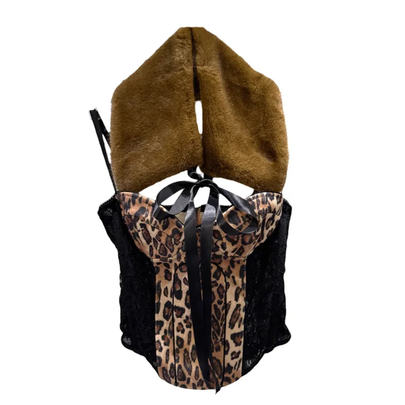 Winter New Trendy Fashion Furry Tie Shawl For Women Leopard Print Fishbone Backless Strap Camisole Female 11A07942