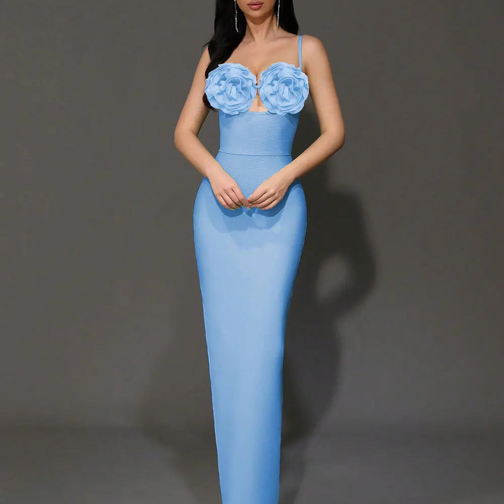 2024 Sexy Women'S Light Luxury Flower Design Bandage Dress Spaghetti Strap Sleeveless Bodycon Backless Long Dresses Vestidos