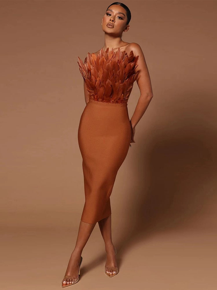 Sexy Feather Bandage Dress Vestidos Para Mujer Wedding Birthday Party Night Cocktail Club Dresses Auburn