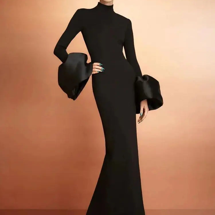 2024 Elegant Women's Black Maxi Dress Stand up Neck Flare Sleeves Bodycon Bandage Long Dresses Cocktail Evening Party Vestidos black