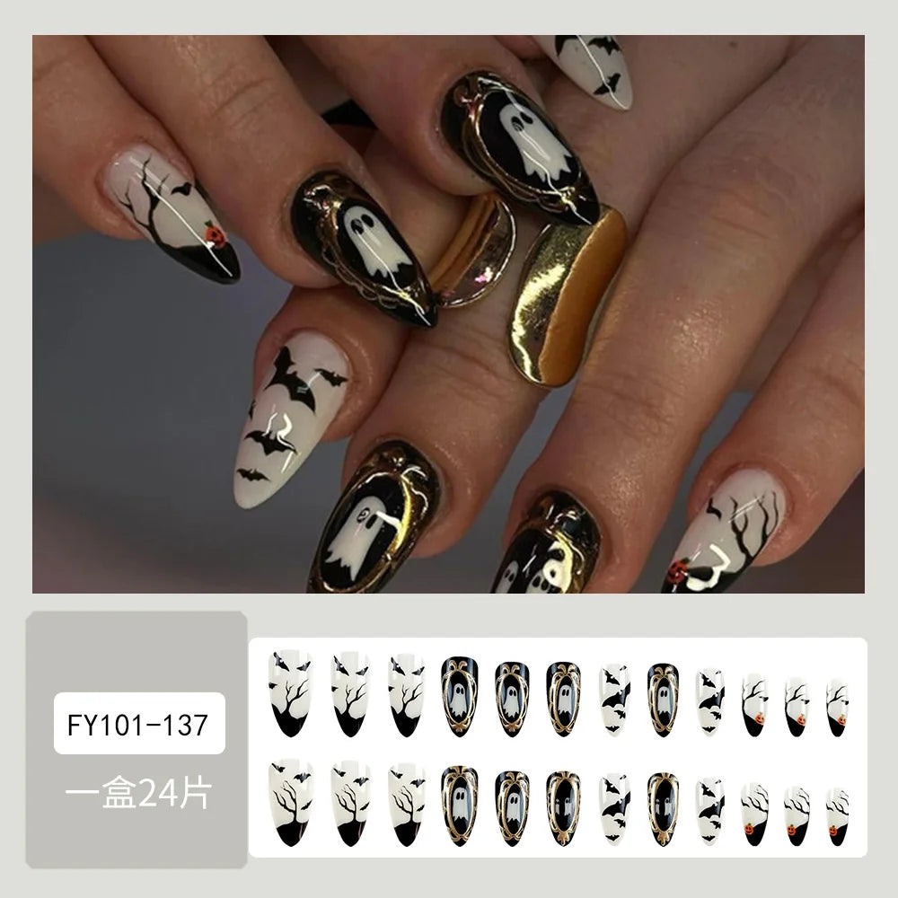 24pcs Black Bat Printed Fake Nails Halloween White Ghost Pattern False Nails for Women Wearable European Almond Press on Nails