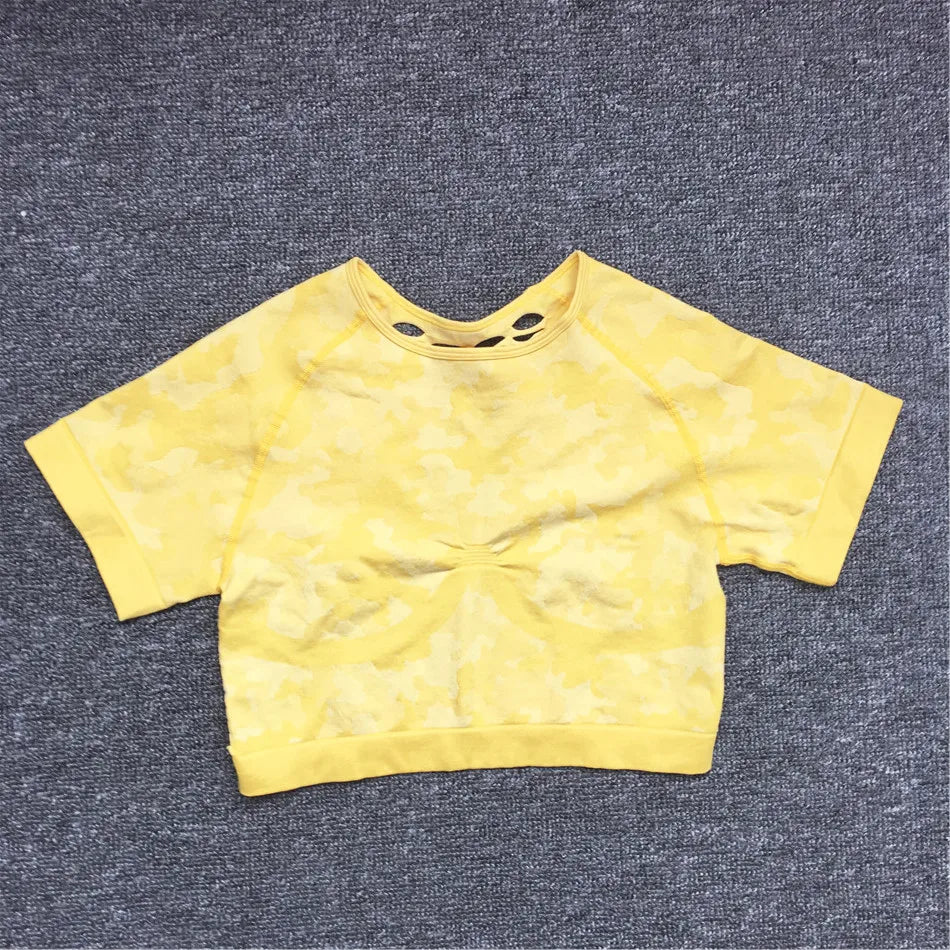 1PCS Camouflage Set Women Yoga Suit Sport Set Gym Workout Clothes Long Sleeve Fitness Crop Top High Waist Seamless Camo Leggings yellow svtop