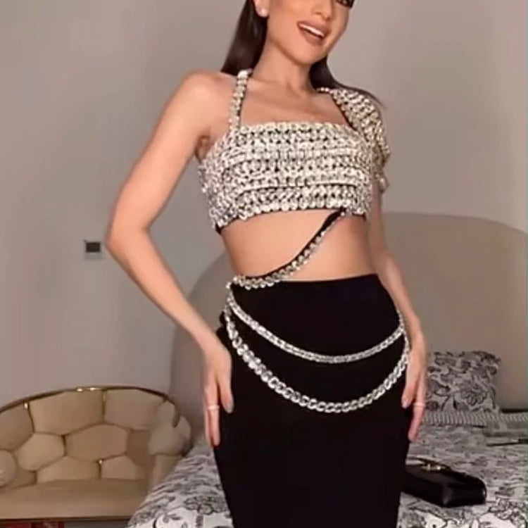 Designer Spliced Luxury Diamond Crop Top With Long Skirt Two-Piece Sets Party Evening Runway Set