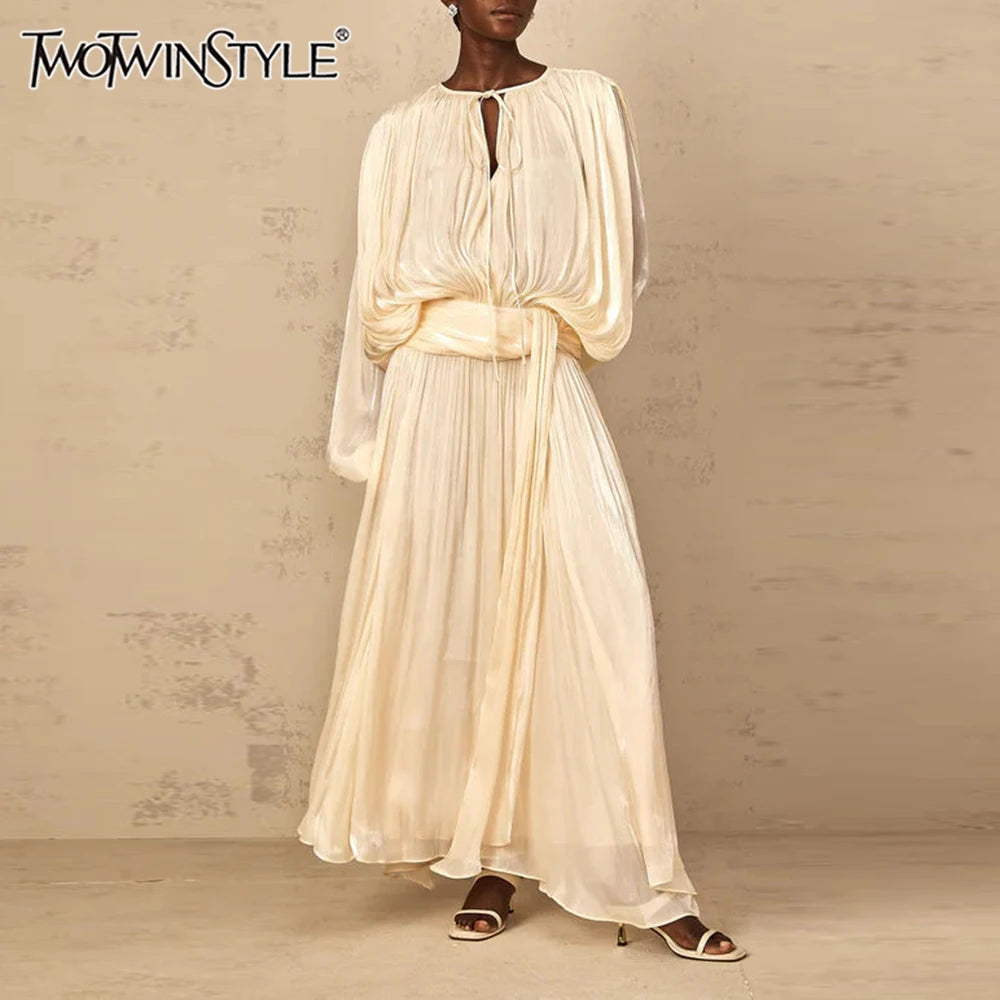 Solid Loose Spliced Folds Elegant Dresses for Women Round Neck Long Sleeves Patchwork Lace Up Dress Female Fashion