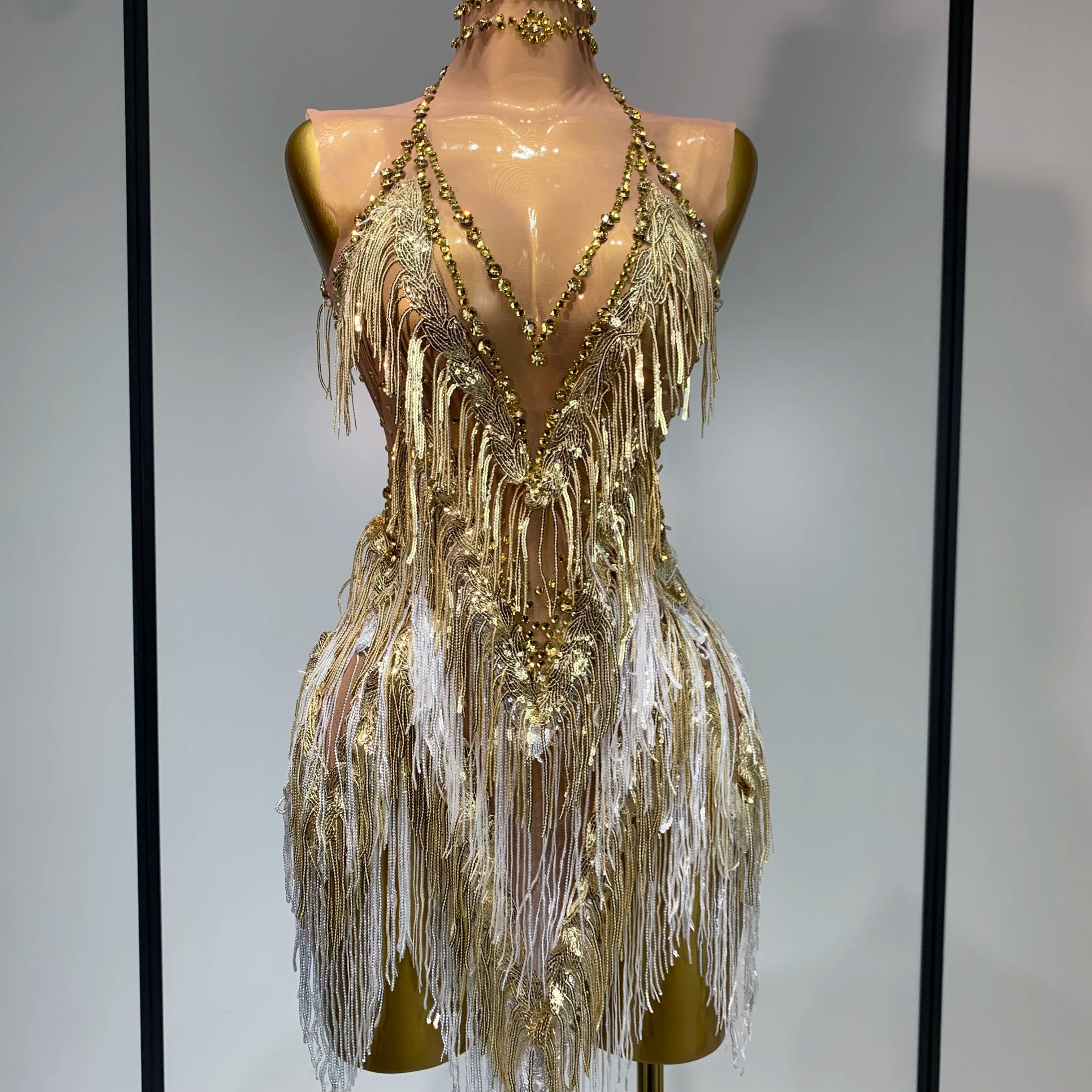 Luxury Birthday Dress Rhinestone Tassel Sexy Women Short Latino Dance Dress Nightclub Bar Sparkly Performance Stage Outfit Gold