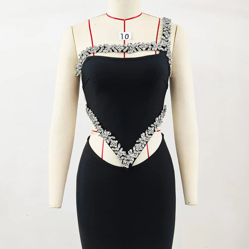 2024 Sexy Women'S Heavy-Duty Nail Bead Rhinestone Bandage Dress, One Shoulder Sleeveless Bodycon Hollow Out Backless Mini Dress black