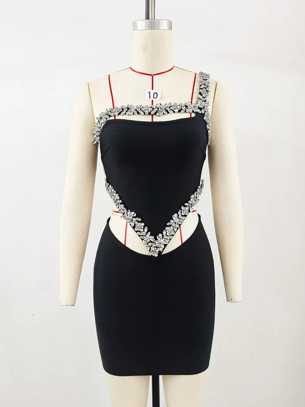 2024 Sexy Women'S Heavy-Duty Nail Bead Rhinestone Bandage Dress, One Shoulder Sleeveless Bodycon Hollow Out Backless Mini Dress black