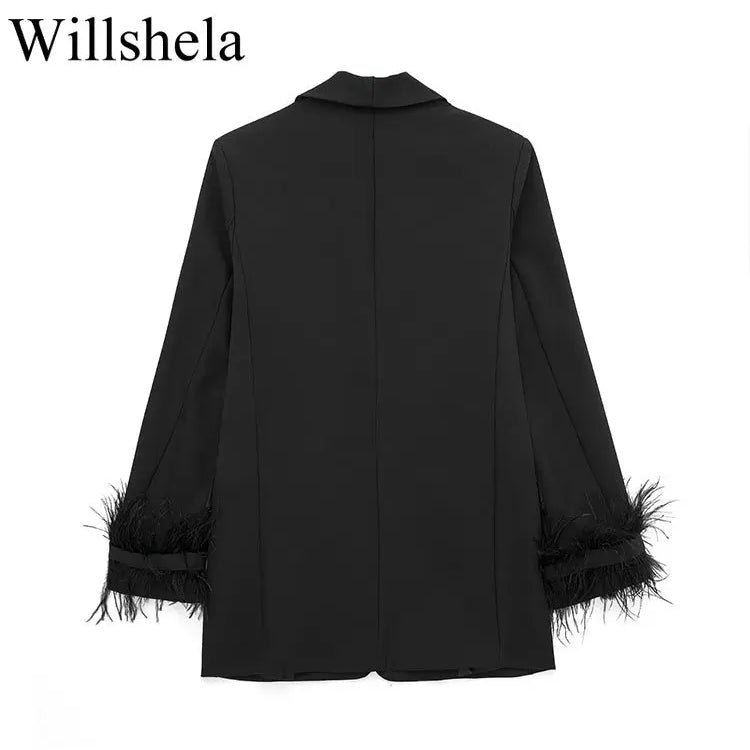 Willshela Women Fashion Satin Black With Feather Blazer Jacket Vintage Notched Neck Single Button Long Sleeves Female Outfits