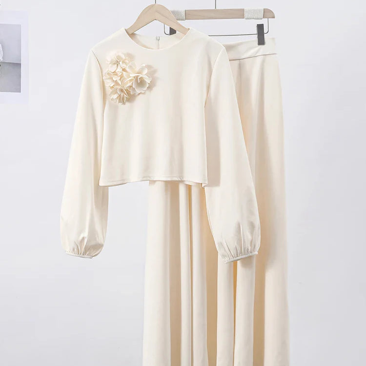 Ramadan Elegant 2 Piece Set Women Lantern Sleeve Flower Crop Top High Waist A-line Skirt Suit Spring Lady Abaya Turkey Sets