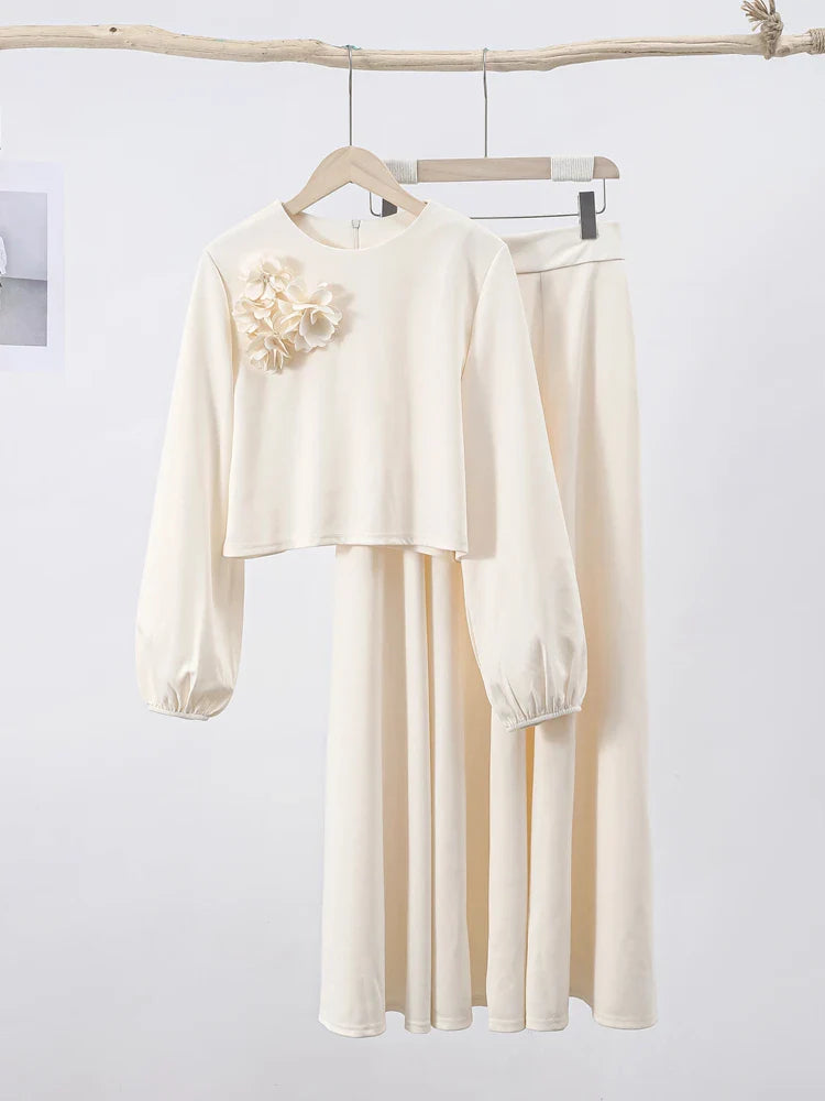 Ramadan Elegant 2 Piece Set Women Lantern Sleeve Flower Crop Top High Waist A-line Skirt Suit Spring Lady Abaya Turkey Sets