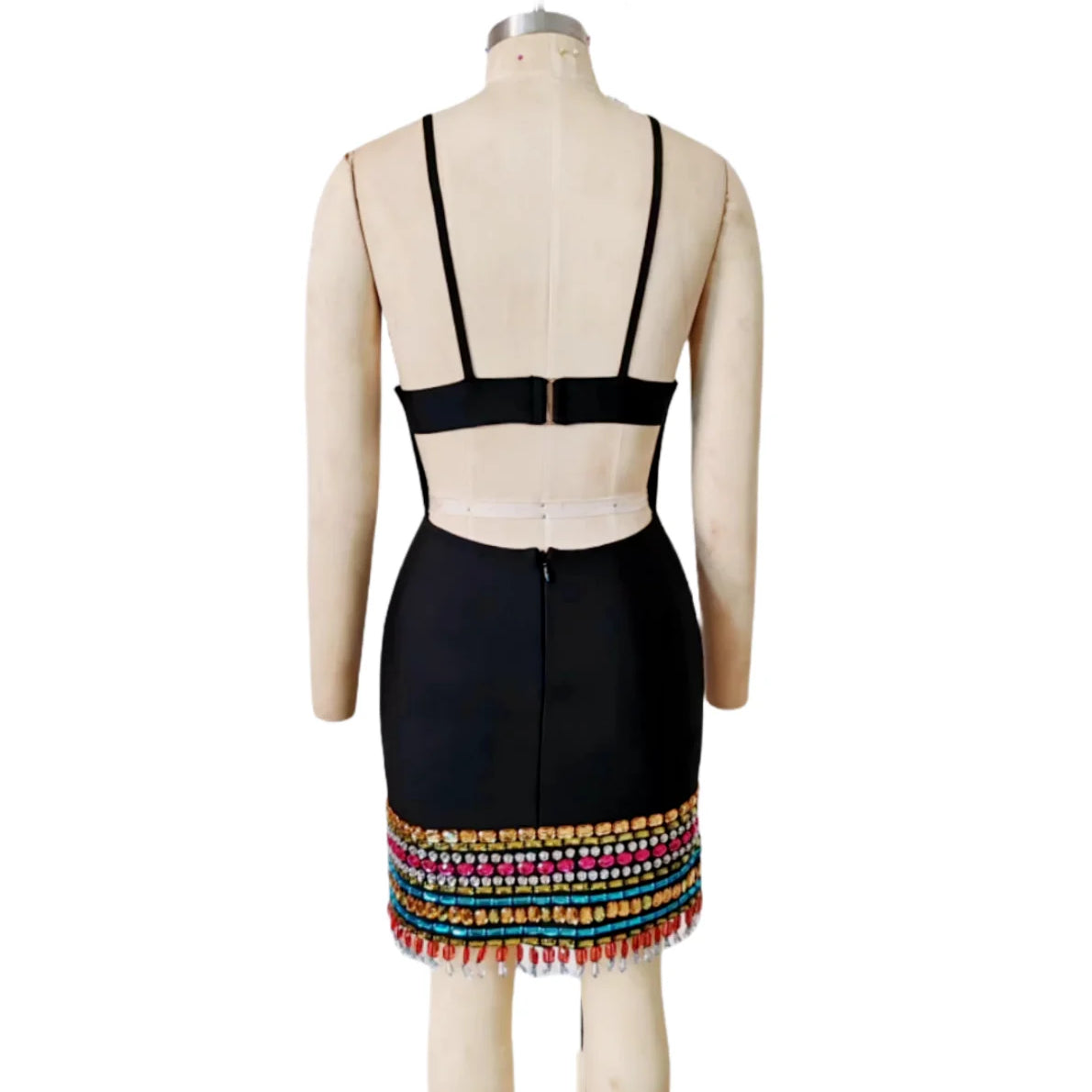 STOCK Colorful Diamonds Sexy V-Neck Spaghetti Strap Mini Bandage Dress Fashion Woman Evening Dress Holiday Vocation Vestido