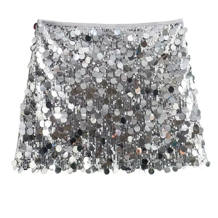TRAFZA Women New Fashion Y2K Shiny Sequin Skirt Female Elegant High Waist Mini Skirts Casual Woman Sexy Chic Party Skirts