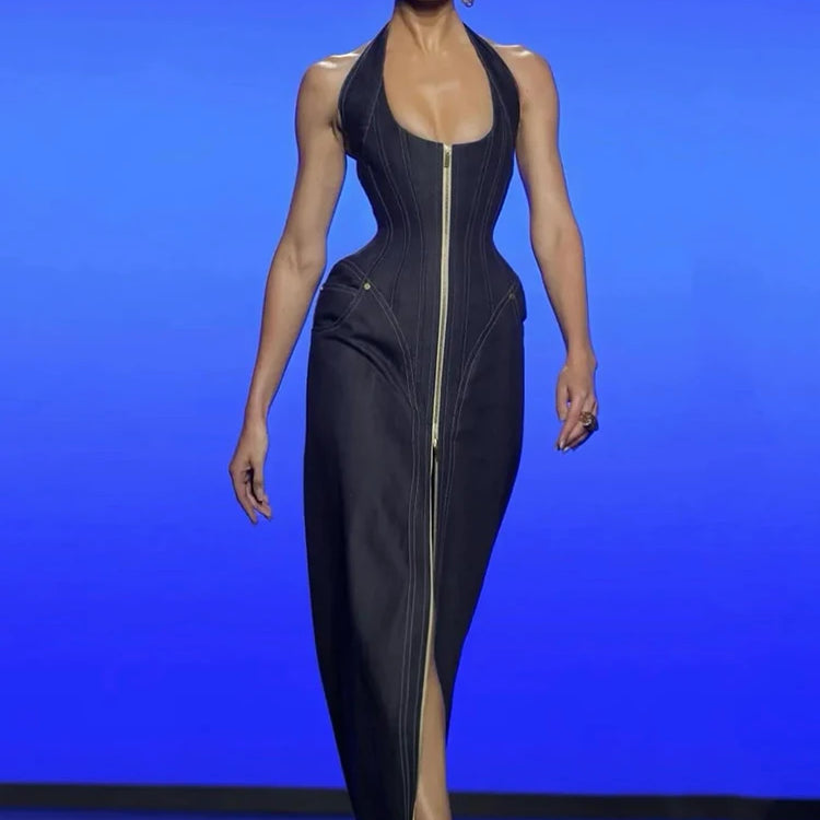 Edgy-Chic Denim Halter Zipper Sleeveless Backless Maxi Dress for Fashion Date Night Gown