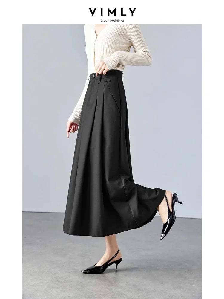 Vimly High Waist Swing Maxi Skirt for Women Spring Solid Elegant Office Lady Khaki A-line Long Skirts Womans Clothing M2689