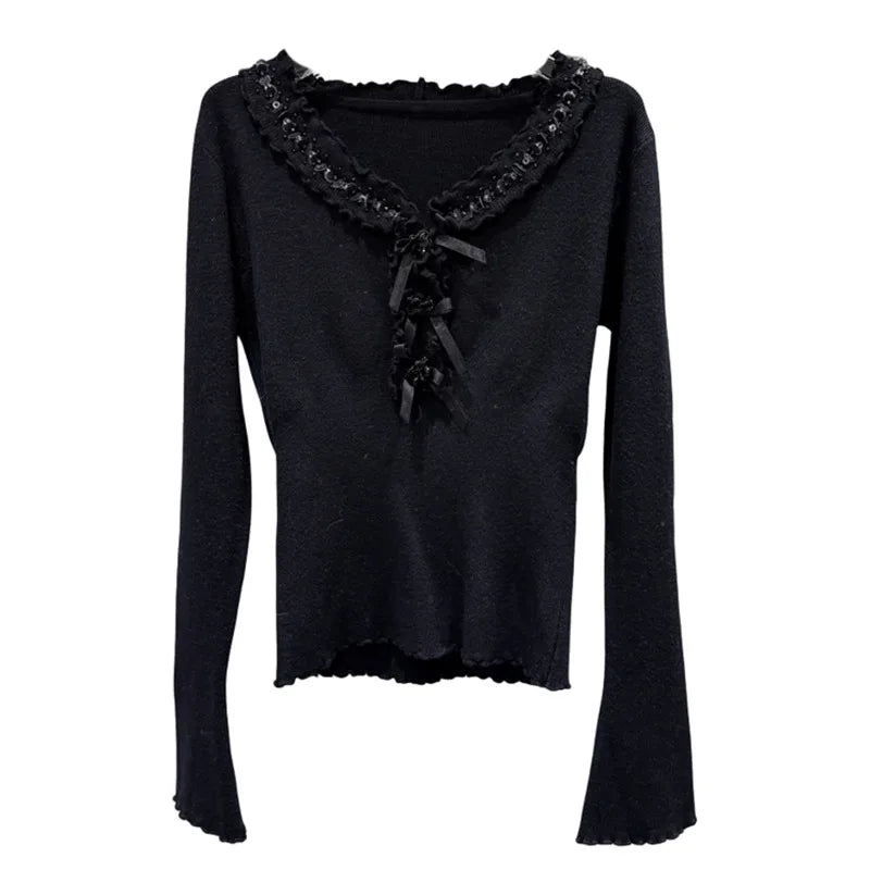 Winter New Sweet Fashion V-Neck Lace Rhinestone Elastic Knitted Sweater For Women Slim Fit Pullover Female 11A07928