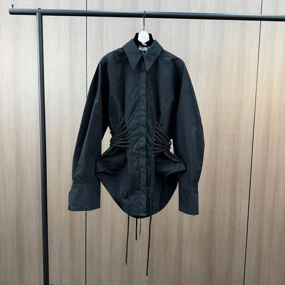 Solid Spliced Lace Up T Shirts for Women Lapel Long Sleeve Patchwork Single Breasted Fashion Top Female Clothing BLACK