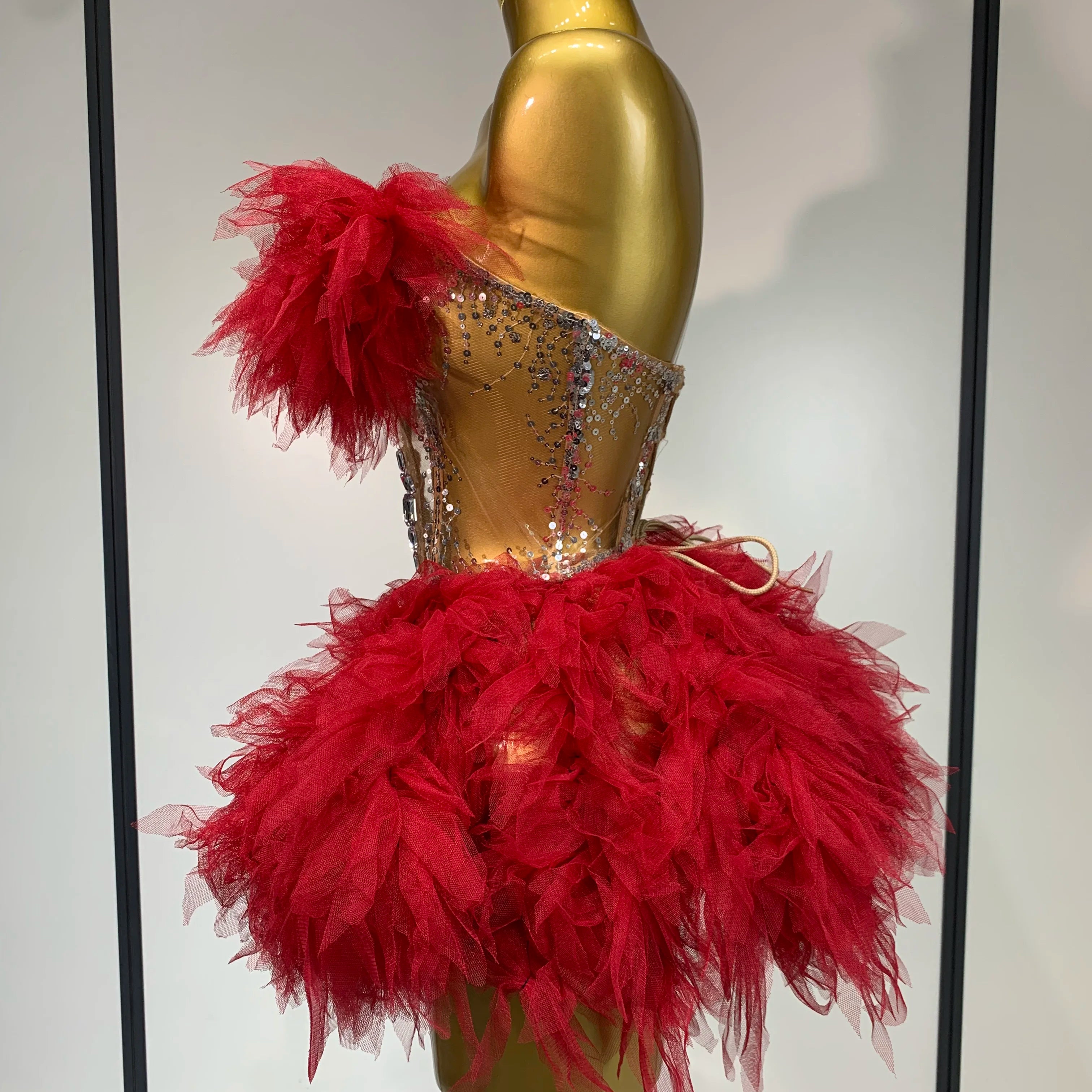 Sexy Strapless Red Mesh Two Pieces Set Singer Nightlcub Party Stage Outfit Photo Shoot 2025 Prom Gown Luxury Birthday Dresses