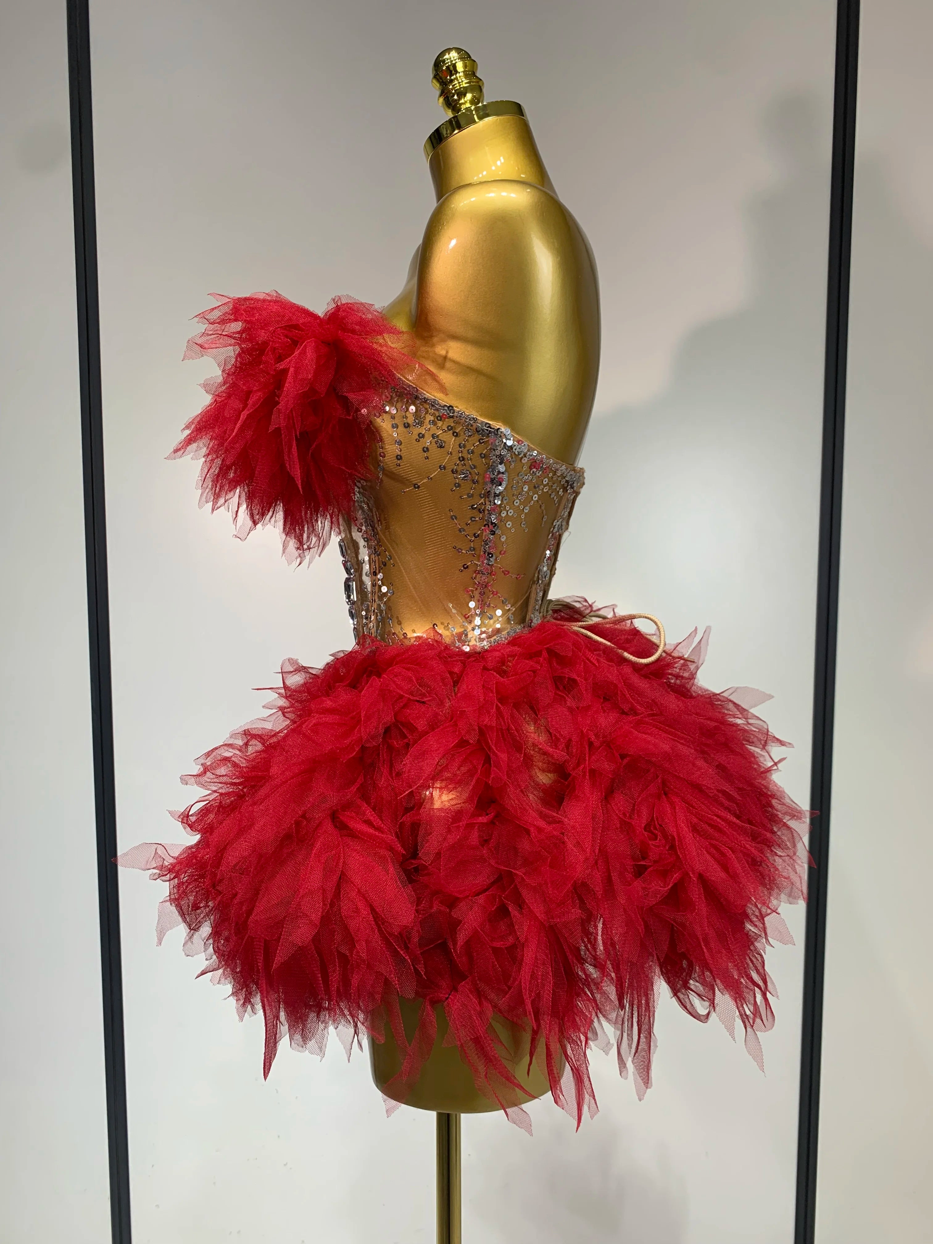 Sexy Strapless Red Mesh Two Pieces Set Singer Nightlcub Party Stage Outfit Photo Shoot 2025 Prom Gown Luxury Birthday Dresses